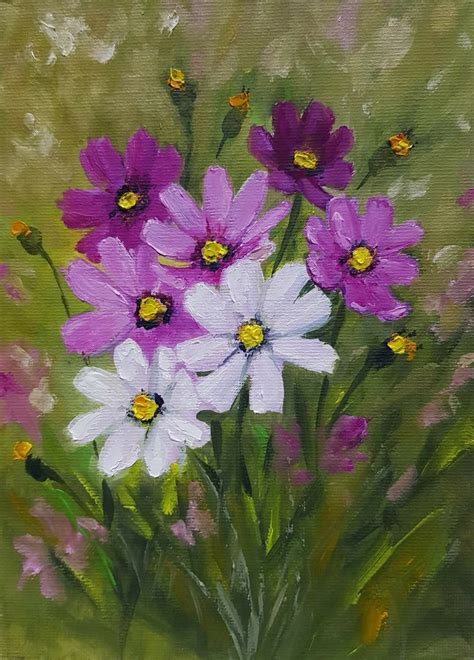 an oil painting of purple and white flowers