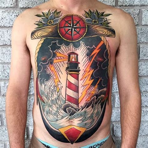 Lighthouse With Anchor Mens Nautical Full Chest Tattoos - Next Luxury