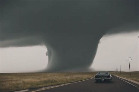 A car driving towards a very large, wedge tornado. by FrostyThriller07 on DeviantArt