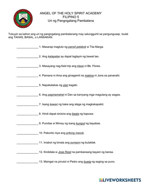 Uri ng Pangngalang Pambalana interactive worksheet | 1st grade worksheets, Worksheets for grade ...