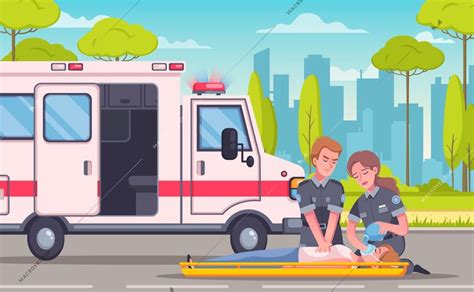 Paramedic emergency ambulance cartoon composition with urban landscape medical car and group of ...