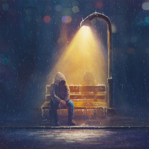 Digital Painting of a Man in Rain Storm Stock Illustration - Illustration of painting, bench ...