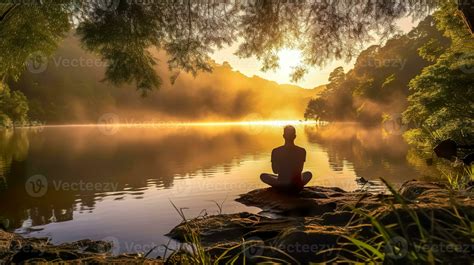 AI Generated serene scene where a person is meditating by a tranquil lake at sunrise, with ...