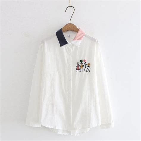 TOJI - Contrast Collar Cartoon Embroidered Shirt | YesStyle in 2023 ...