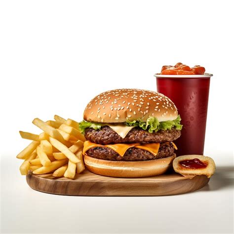 Premium AI Image | Burger fries and coke on the restaurant wooden table ...