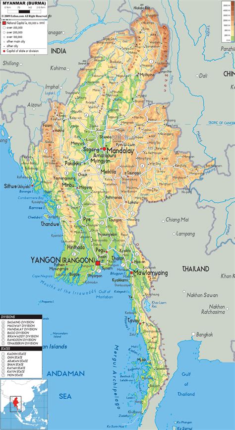 Physical Map of Myanmar - Ezilon Maps