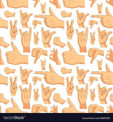 Common cartoon hand signs on white seamless Vector Image