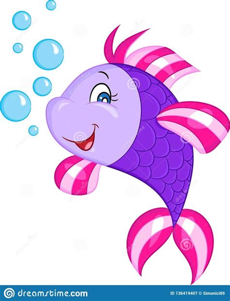 Color illustration of a cute little purple fish, smiling, with bubbles, perfect for children`s ...