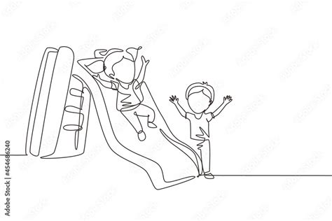 Single one line drawing preschool kids playing together in kindergarten. Little girl sliding ...