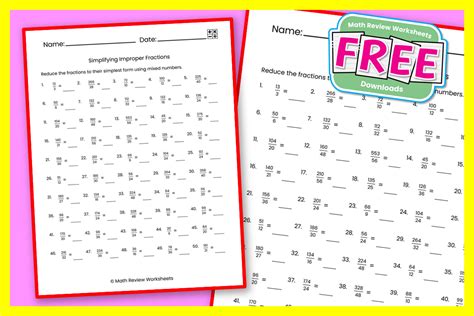 Simplifying Improper Fractions - Easy - Math Review Worksheets