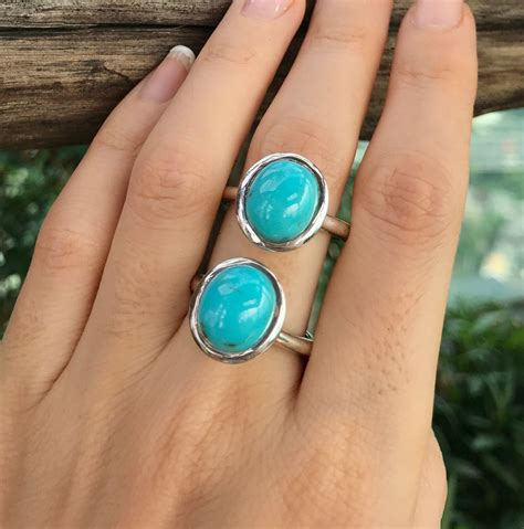 Oval Turquoise Cabochon Simple Ring- Blue Turquoise Solitaire Boho Ring- Blue Gemstone Ring ...