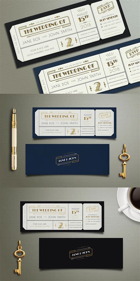 Art Deco Wedding Invitation Ticket Template | Ticket wedding ...