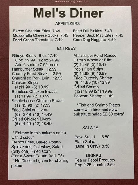 Menu at Mel's Diner restaurant, Smithville