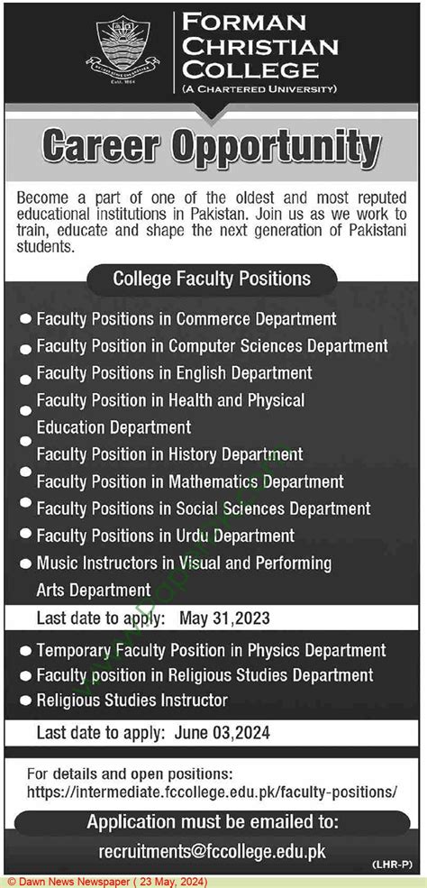 Faculty Staff jobs in Lahore at FC College Forman Christian College on ...