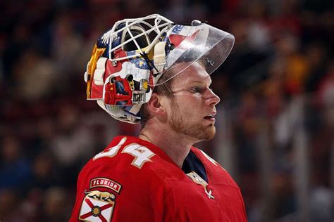 SUNRISE, FL - MARCH 24: Goaltender James Reimer #34 of the Florida Panthers heads back to the ...