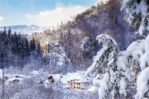 Bran Castle, also known as Dracula's castle in winter. Romanian landmark. Medieval, historic ...