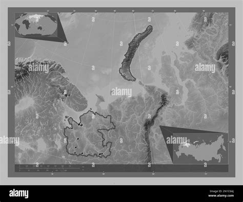 Arkhangel'sk, region of Russia. Grayscale elevation map with lakes and rivers. Locations of ...