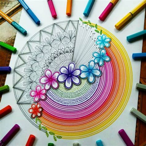 Colored Pens and Geometric Mandalas, Zentangles, Doodles | Flower art drawing, Mandala art ...