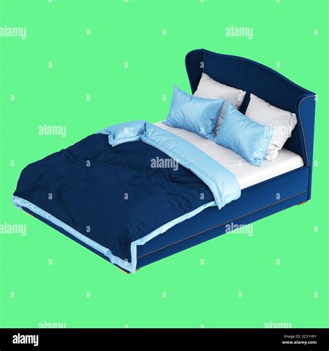 A soft blue double bed with blue and white bed linen on a green background. 3d rendering Stock ...