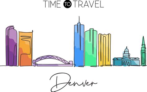 One single line drawing of Denver city skyline, United States. Historical town landscape in the ...