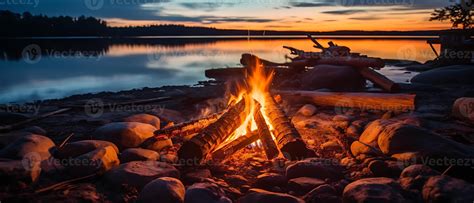 Experience a glowing campfire by the lake, with a stunning sunset and ...