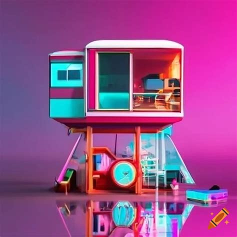 Retro futuristic space colony structures with colored glass walls in cyberpunk style on Craiyon