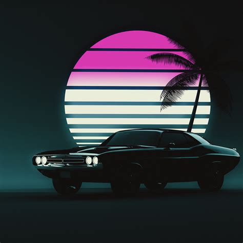 Muscle car Wallpaper 4K, Retro, Vintage car, Sunset, Neon