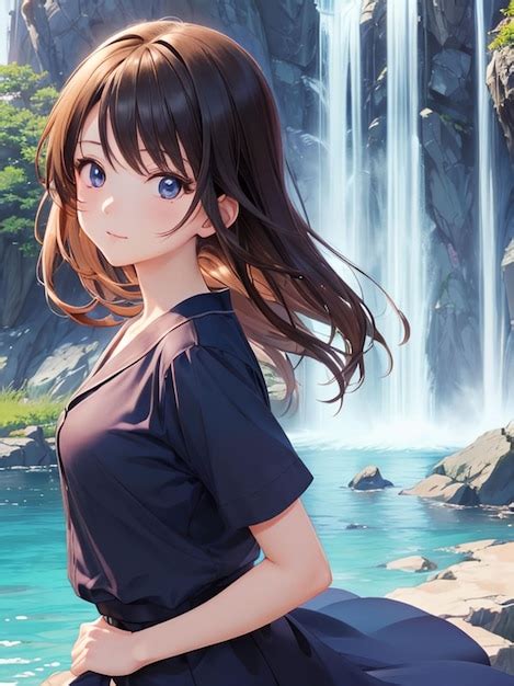 Premium AI Image | Beautiful anime girl next to the waterfall for ...