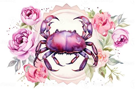 Watercolor Painting of Cancer Zodiac Sign in Botanical Style on Pure ...