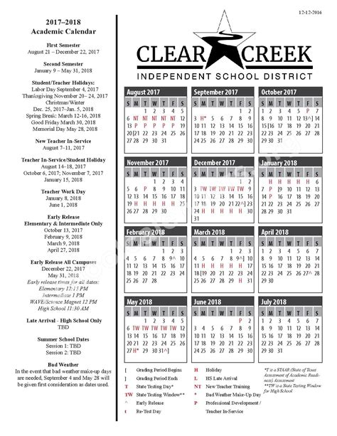 2017 - 2018 Academic Calendar | Clear Creek Independent School District – League City, TX