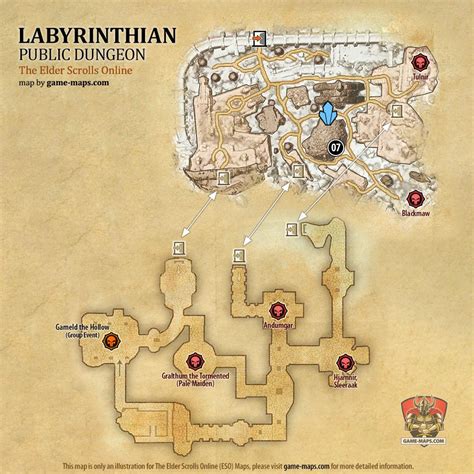 Map of Labyrinthian Public Dungeon located in Western Skyrim ESO with Skyshard and Bosses.