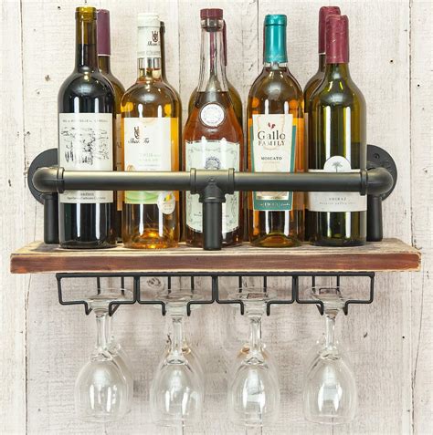 WAKI HOME Industrial Wall Mounted Wine Rack, Wine Bottle Stemware Glass Rack, Floating Shelf ...