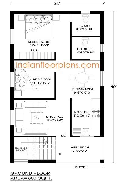 20 X 40 House Plan| 20x40 house plans with 2 bedrooms - Indian Floor Plans