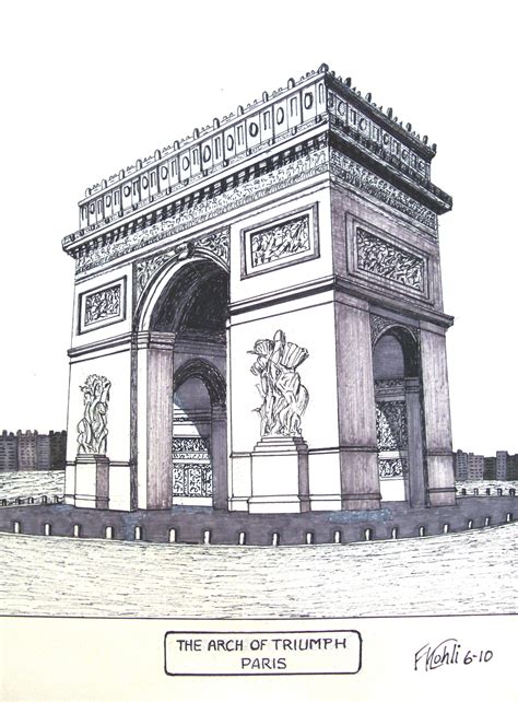 Pen and Ink Drawing of Arch of Triumph in Paris, France