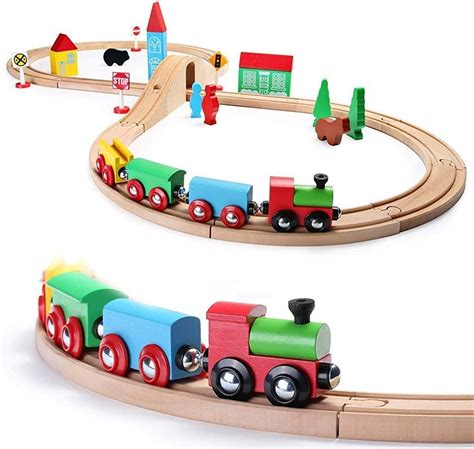 SainSmart Jr. Wooden Train Set for Toddler with Double-Side Train Tracks Fits Brio, Thomas ...