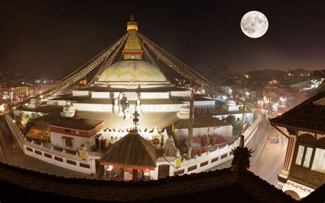 Night View of Boudha or Bodhnath Stupa with Moon Stock Photo - Image of biggest, beautiful ...