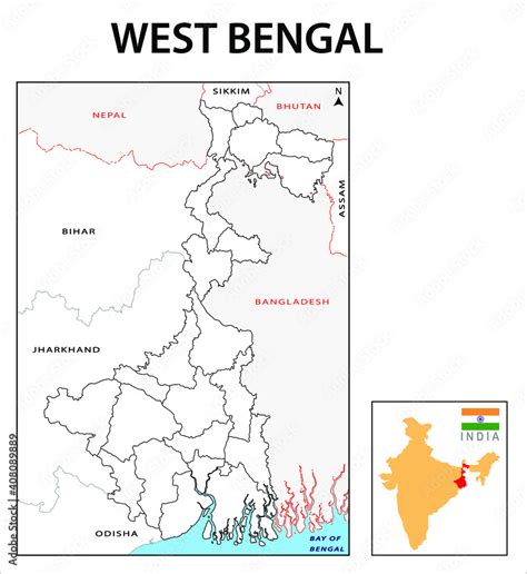 West Bengal map. Political and administrative map of West Bengal with districts name. Showing ...