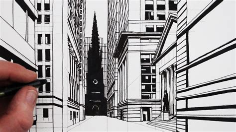 How to Draw a 1-Point Perspective Street: Draw Wall Street Buildings - YouTube