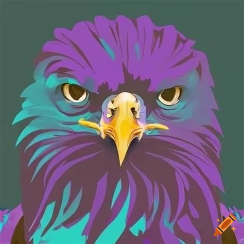 Eagle wearing a purple and teal shirt on Craiyon
