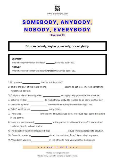 Somebody, anybody, nobody, everybody — Exercise 2 | ESL Worksheets