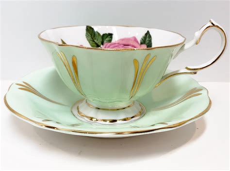 Big Rose Queen Anne Tea Cup and Saucer, Green Gold Cups, Bone China Tea ...