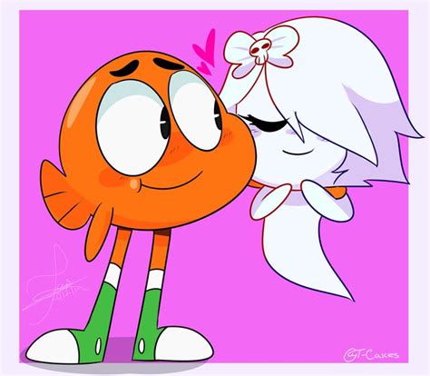 an orange and white cartoon character kissing each other