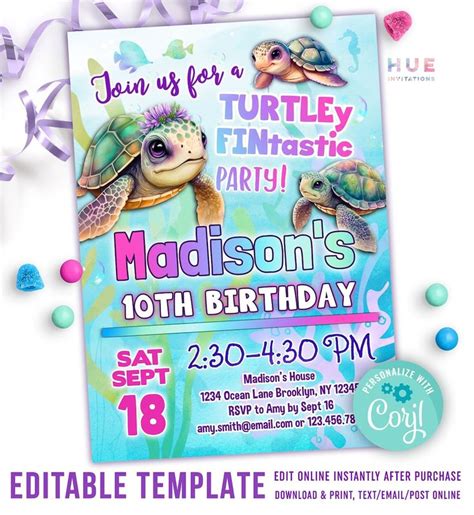 Cute Sea Turtle Birthday Party Invitation Turtle-y - Etsy in 2023 | Turtle birthday parties ...