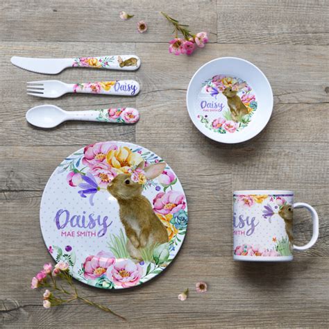 Personalised Melamine Kids Dinner Set. Bowl, Plate, Mug & Cutlery