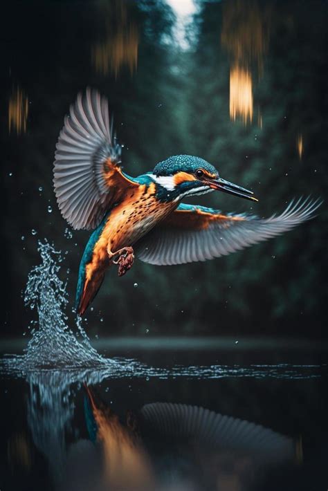 Common European Kingfisher river kingfisher flying after emerging from water with caught fish ...