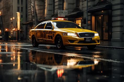 Premium AI Image | A yellow taxi waiting for a passenger in a night city