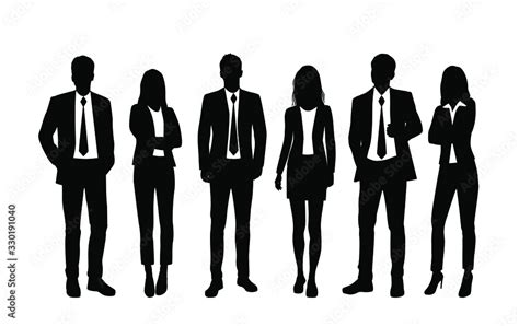 Vector silhouettes of men and a women, a group of standing business people, black and white ...