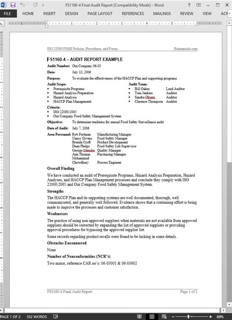 ISO22000 FSMS Audit Report Example Template Word