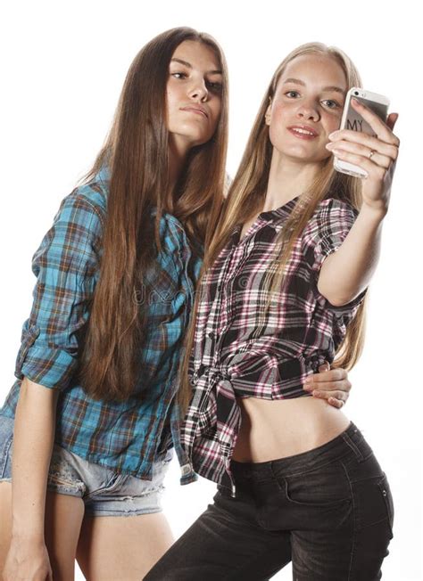 Cute Teenage Girls Making Selfie Isolated Stock Image - Image of face, attractive: 64636971