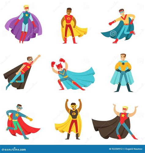 Male Superheroes In Classic Comics Costumes With Capes Set Of Smiling Flat Cartoon Characters ...